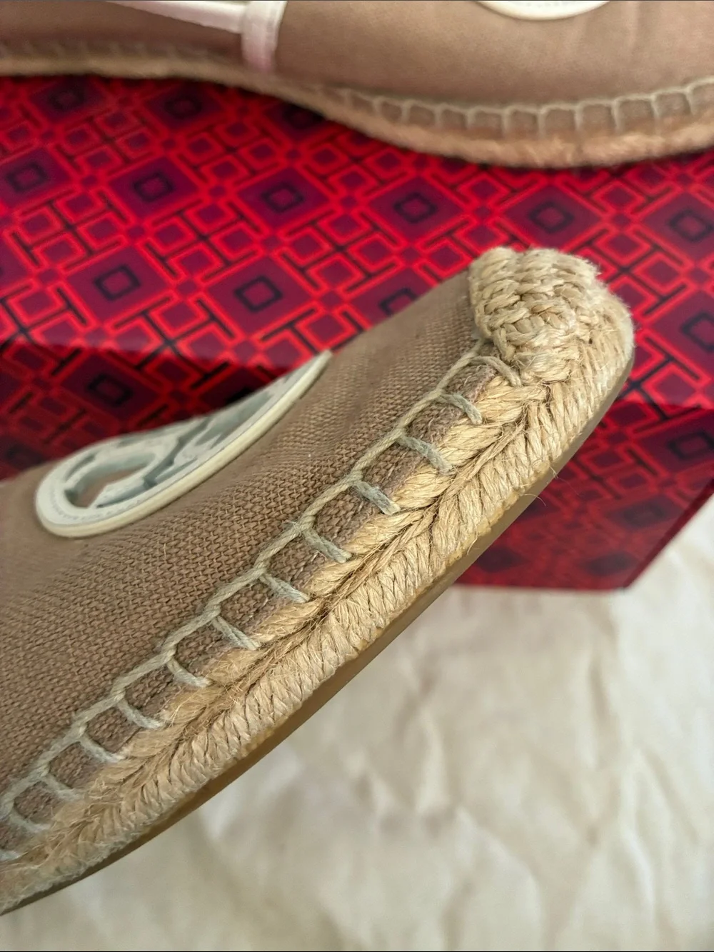 Tory Burch Tan Canvas Espadrille with White Logo Medallion